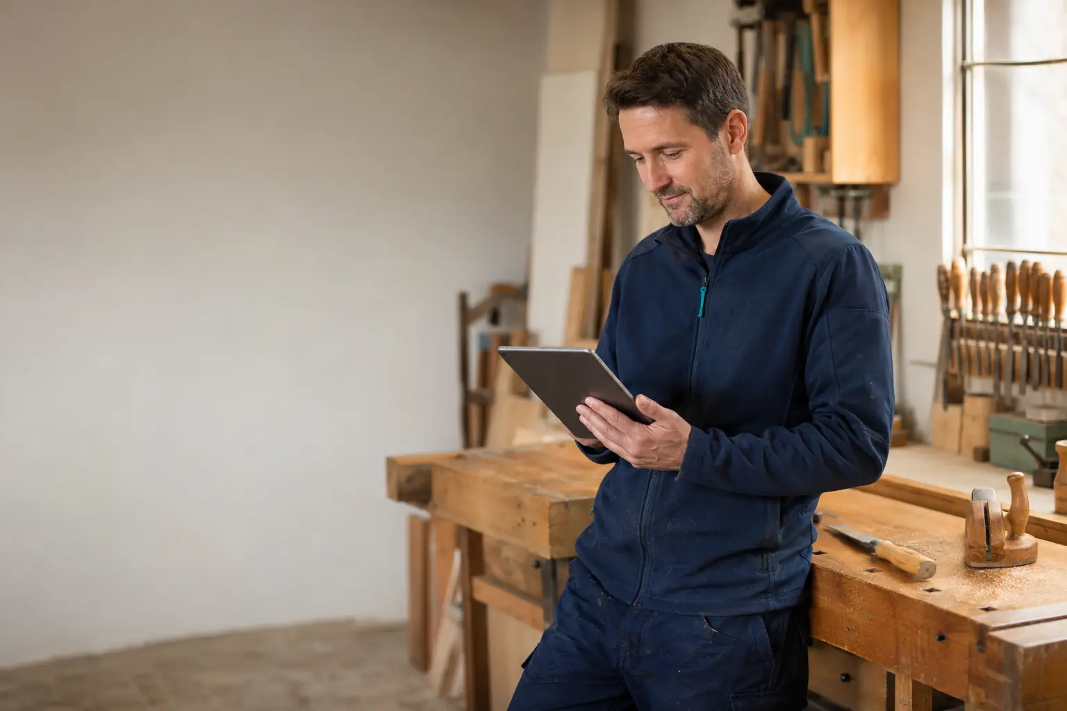 Selbstständiger Handwerker plant seinen Arbeitstag als Beispiel für die Bedeutung der Arbeitskraft
